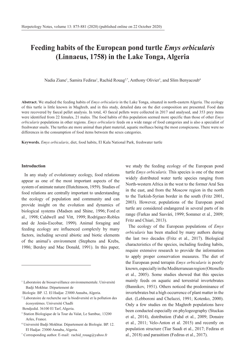 Feeding Habits of the European Pond Turtle Emys Orbicularis (Linnaeus, 1758) in the Lake Tonga, Algeria