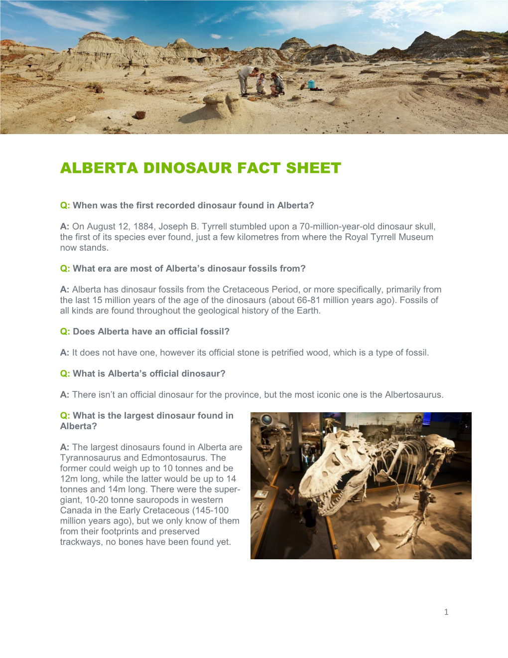 Alberta Dinosaur Fact Sheet