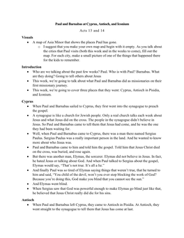 Paul and Barnabas at Cyprus, Antioch, and Iconium Acts 13 and 14 Visuals • a Map of Asia Minor That Shows the Places Paul Has Gone