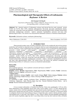 Pharmacological and Therapeutic Effects of Lallemantia Royleana- a Review