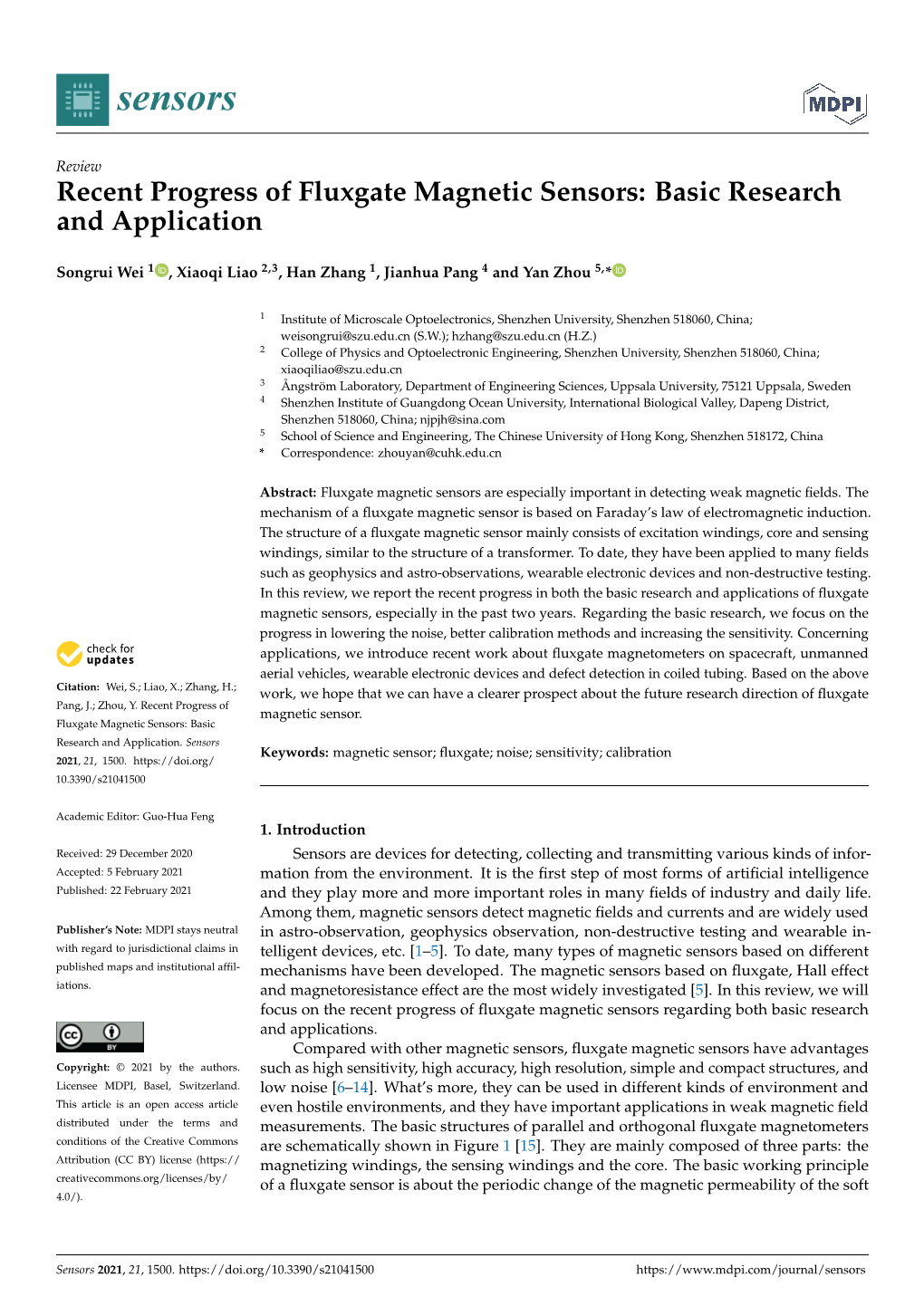 Recent Progress of Fluxgate Magnetic Sensors: Basic Research and Application