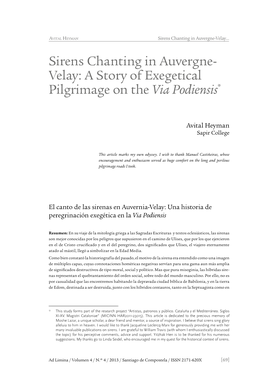 Sirens Chanting in Auvergne- Velay: a Story of Exegetical Pilgrimage on the Via Podiensis*