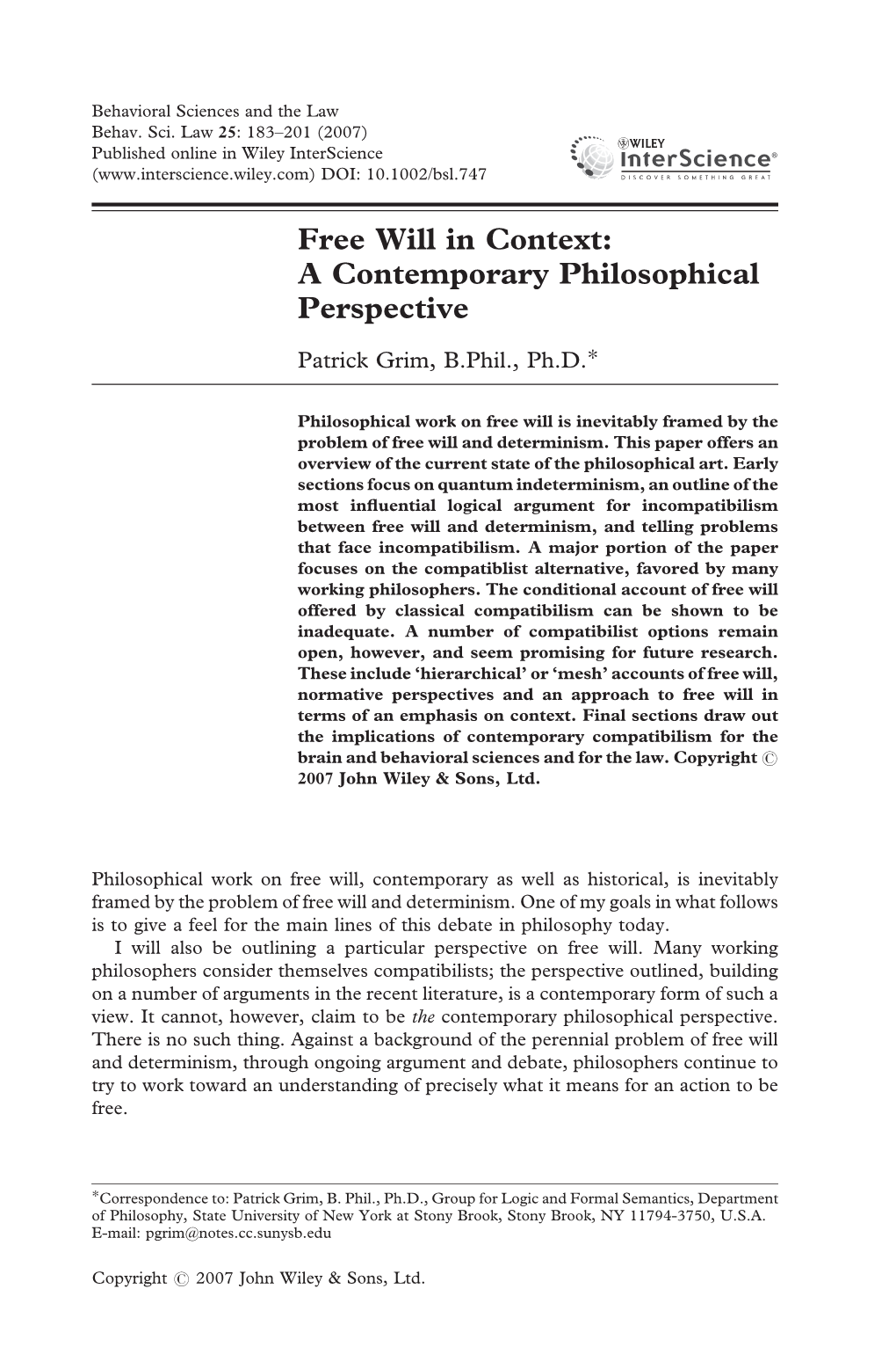 Free Will in Context: a Contemporary Philosophical Perspective