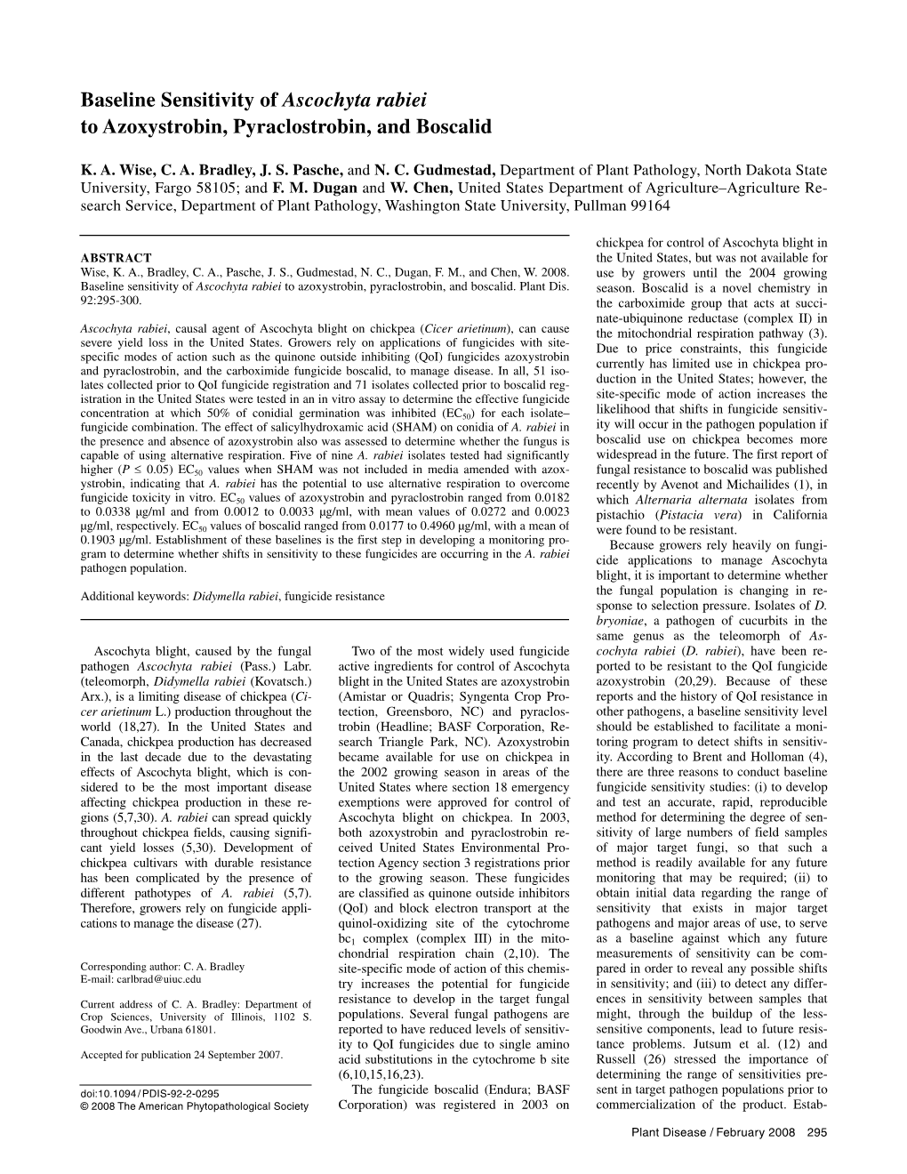 Baseline Sensitivity of Ascochyta Rabiei to Azoxystrobin, Pyraclostrobin, and Boscalid