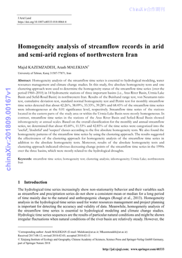 Homogeneity Analysis of Streamflow Records in Arid and Semi-Arid Regions of Northwestern Iran