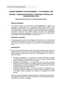 Headington Quarry: Proposed Controlled Parking Zone (Cpz)