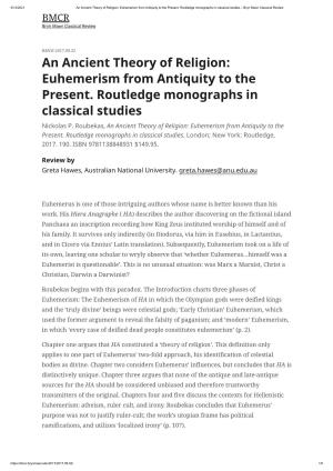 An Ancient Theory of Religion: Euhemerism from Antiquity to the Present