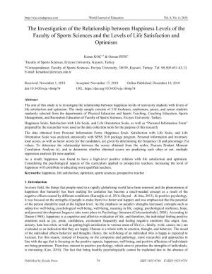 The Investigation of the Relationship Between Happiness Levels of the Faculty of Sports Sciences and the Levels of Life Satisfaction and Optimism