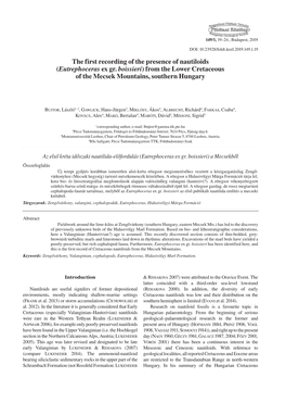 The First Recording of the Presence of Nautiloids (Eutrephoceras Ex Gr. Boissieri) from the Lower Cretaceous of the Mecsek Mountains, Southern Hungary