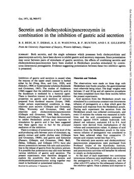 Secretin and Cholecystokin/Pancreozymin in Combination in the Inhibition of Gastric Acid Secretion
