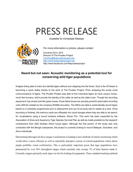 PRESS RELEASE Available for Immediate Release