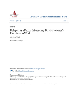 Religion As a Factor Influencing Turkish Women's Decisions to Work Mary Lou O’Neil