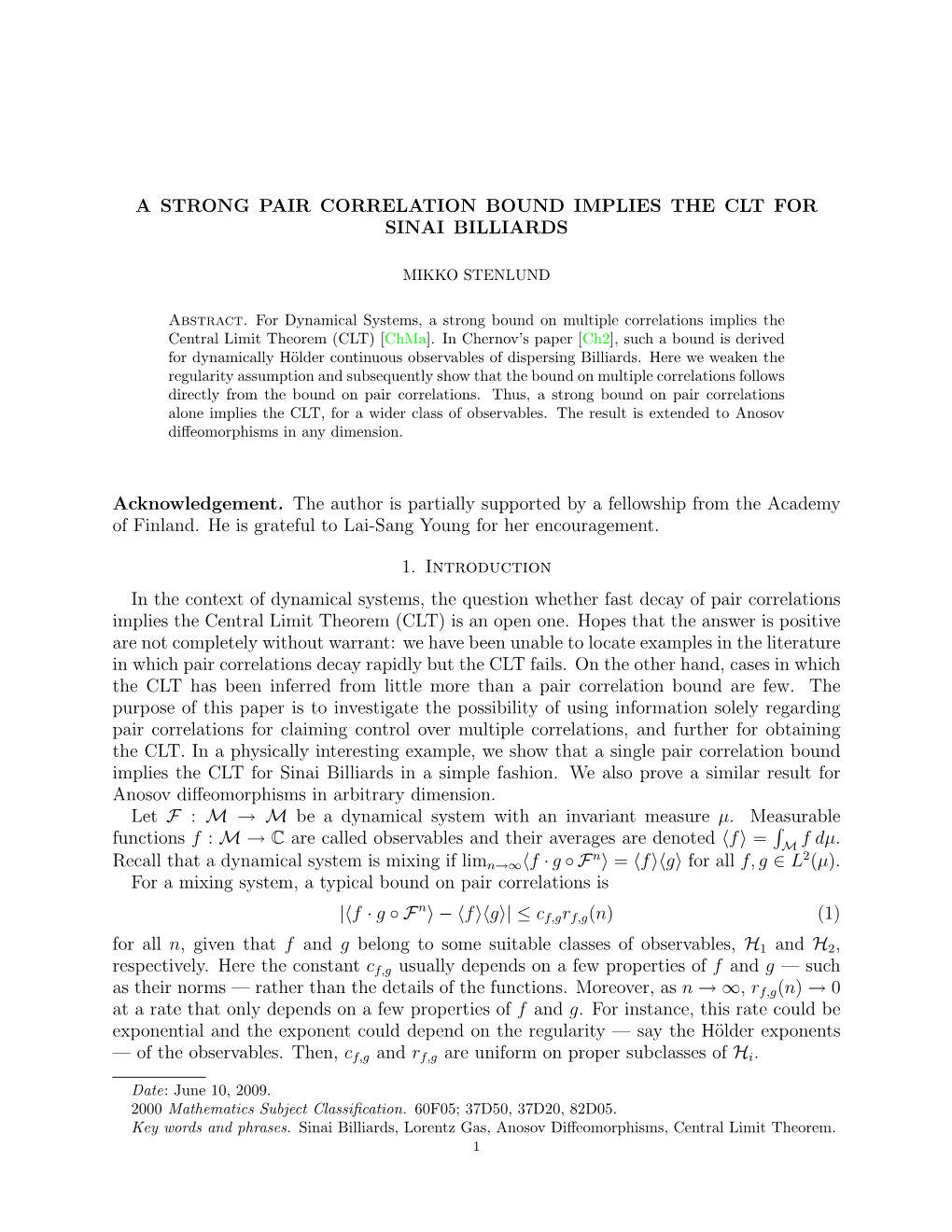 A Strong Pair Correlation Bound Implies the Clt for Sinai Billiards