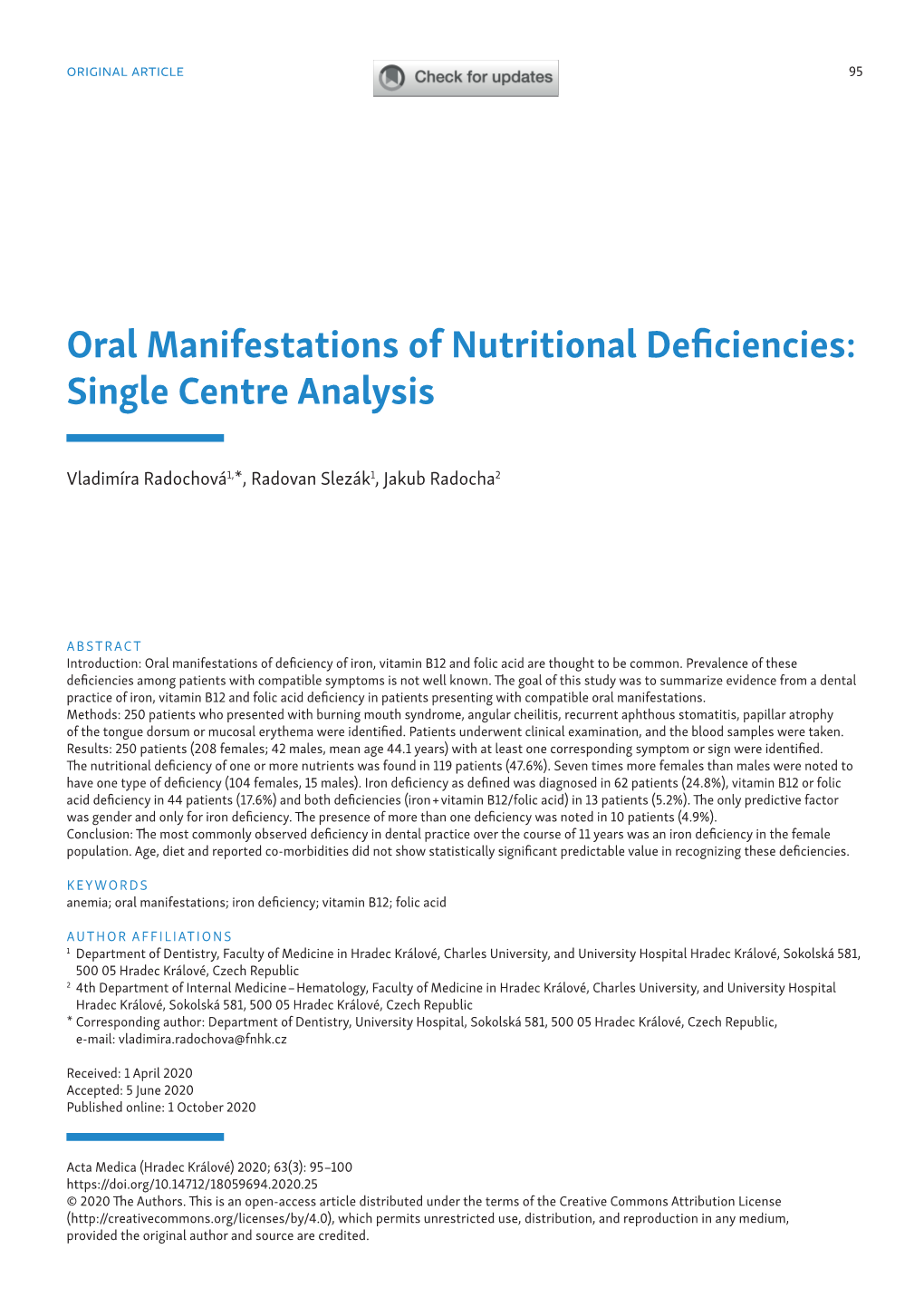 Oral Manifestations of Nutritional Deficiencies: Single Centre Analysis