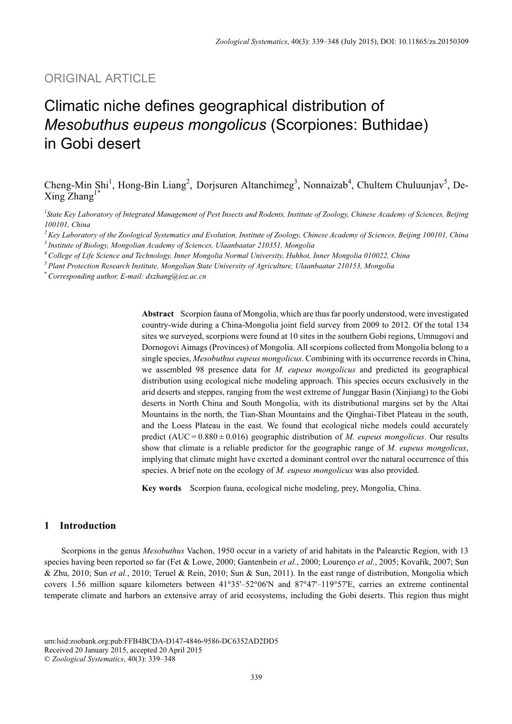 Climatic Niche Defines Geographical Distribution of Mesobuthus Eupeus Mongolicus (Scorpiones: Buthidae) in Gobi Desert