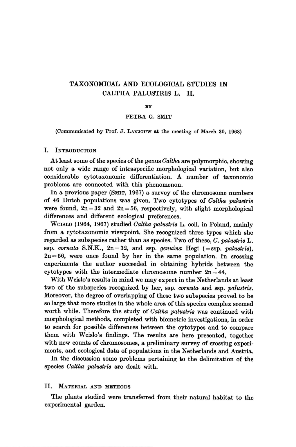 Taxonomical and Ecological Studies in Caltha Palustris L. II