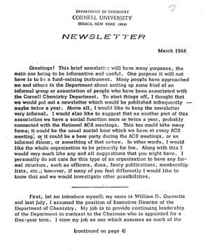 CORNELL UNIVERSITY March 1968 Greetings! This Brief Newsletter Will