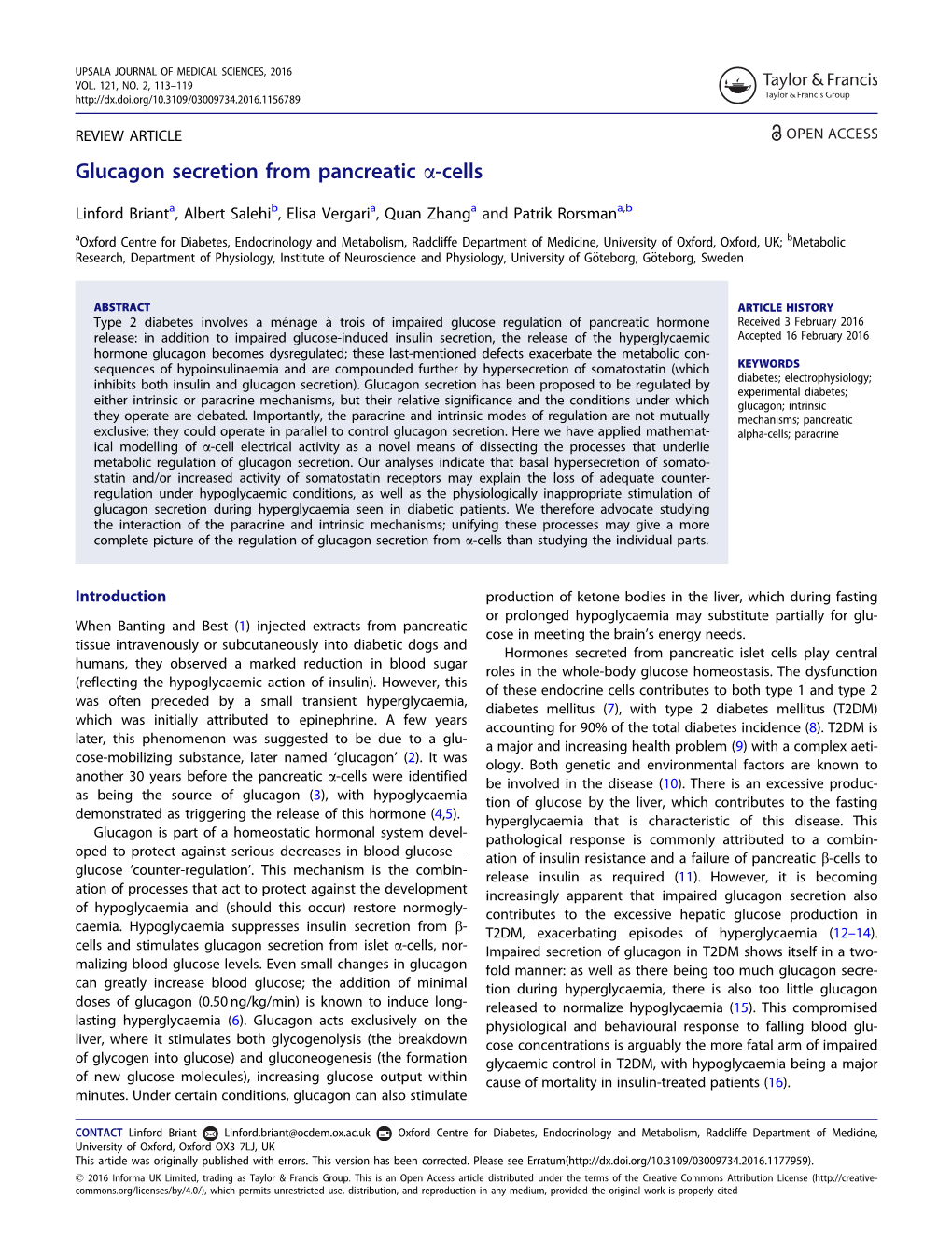 Glucagon Secretion from Pancreatic A-Cells