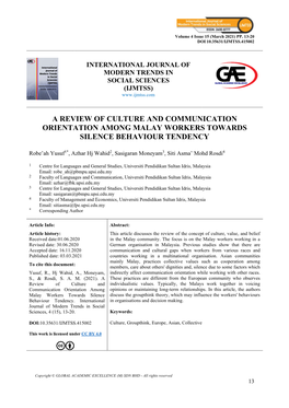 A Review of Culture and Communication Orientation Among Malay Workers Towards Silence Behaviour Tendency
