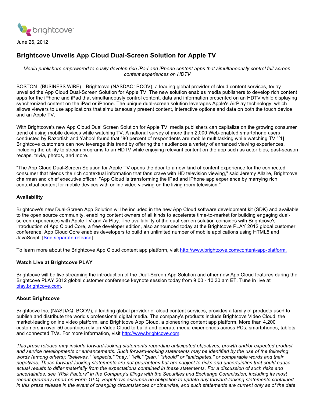 Brightcove Unveils App Cloud Dual-Screen Solution for Apple TV