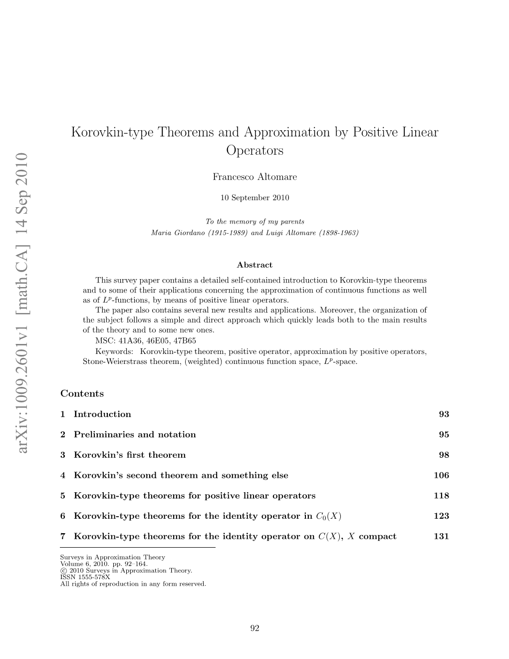 Korovkin-Type Theorems and Approximation by Positive Linear Operators