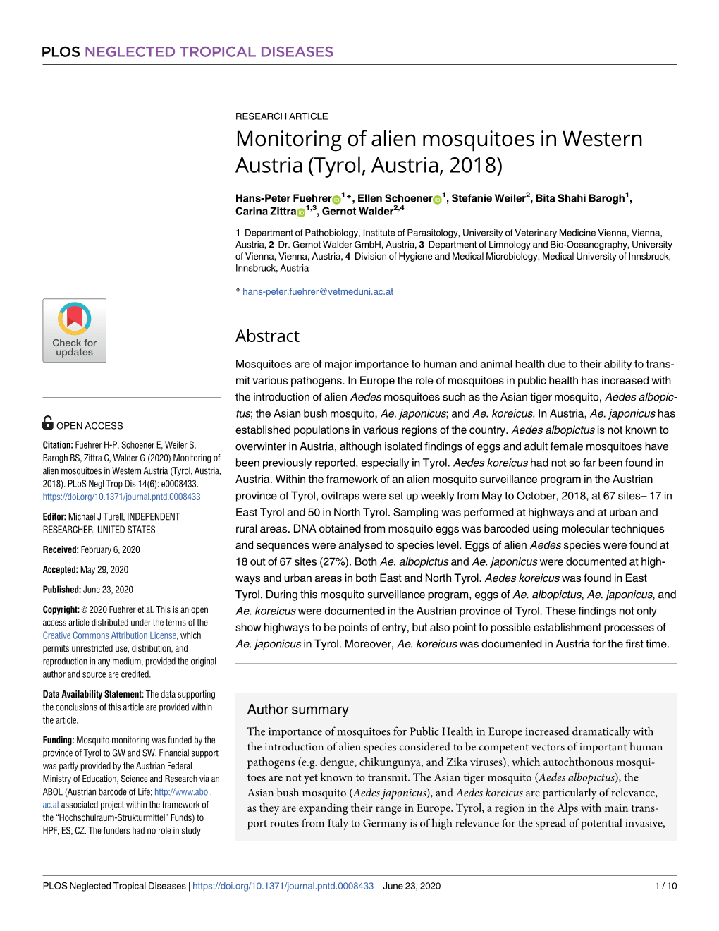 Monitoring of Alien Mosquitoes in Western Austria (Tyrol, Austria, 2018)