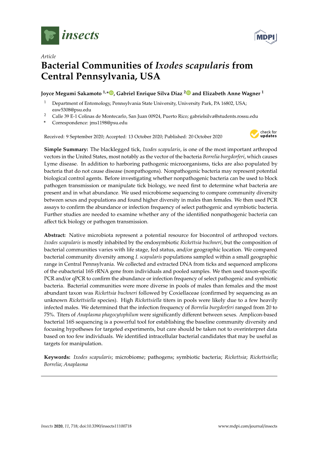 Bacterial Communities of Ixodes Scapularis from Central Pennsylvania, USA