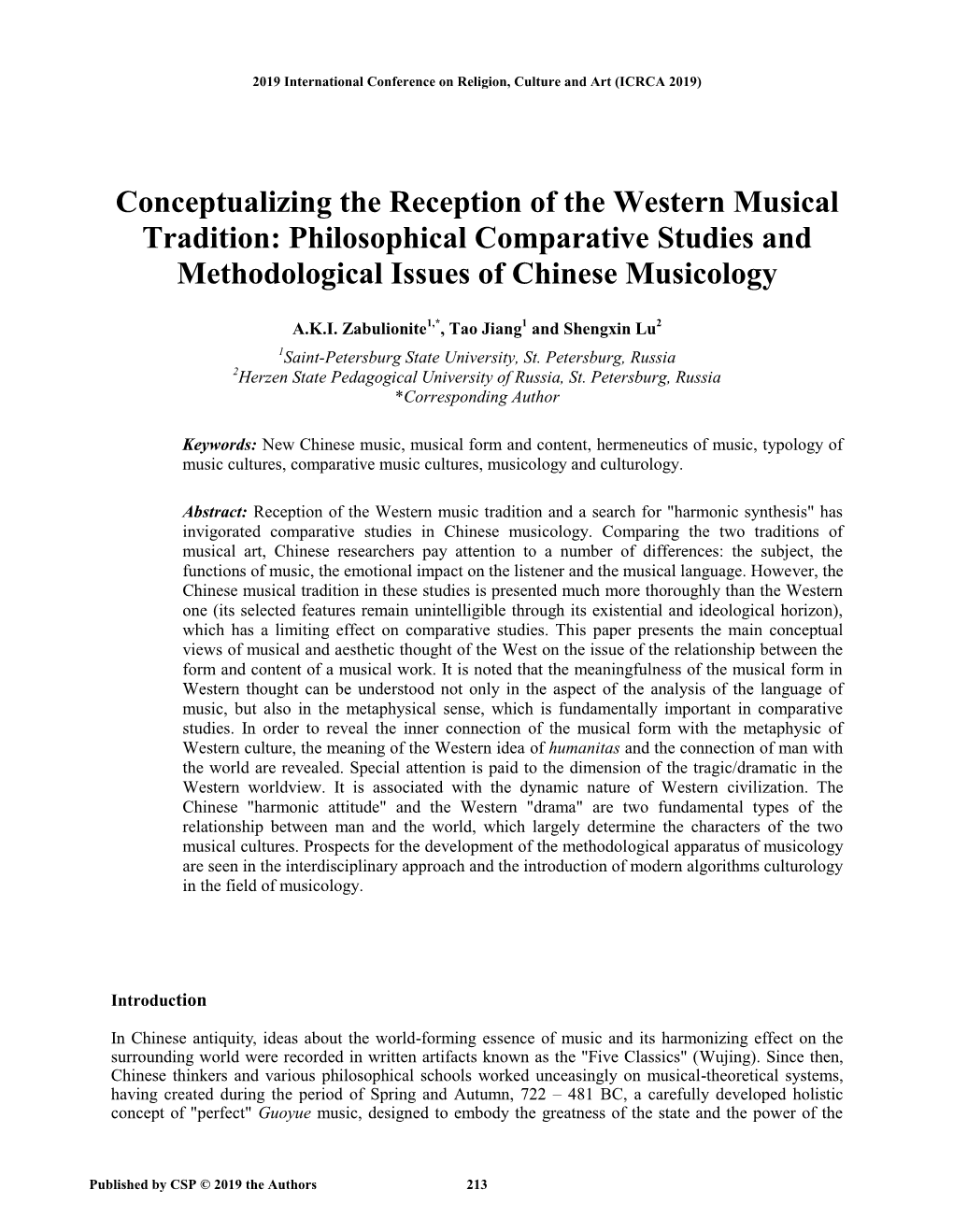 Conceptualizing the Reception of the Western Musical Tradition: Philosophical Comparative Studies and Methodological Issues of Chinese Musicology