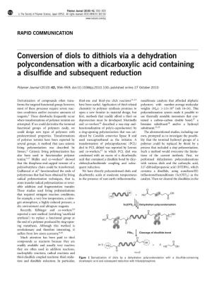 Conversion of Diols to Dithiols Via a Dehydration Polycondensation with a Dicarboxylic Acid Containing a Disulﬁde and Subsequent Reduction