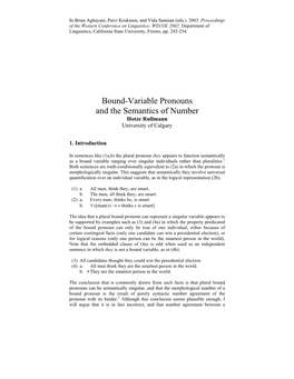 Bound-Variable Pronouns and the Semantics of Number Hotze Rullmann University of Calgary