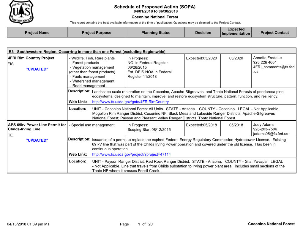 Schedule of Proposed Action (SOPA) 04/01/2018 to 06/30/2018 Coconino National Forest This Report Contains the Best Available Information at the Time of Publication