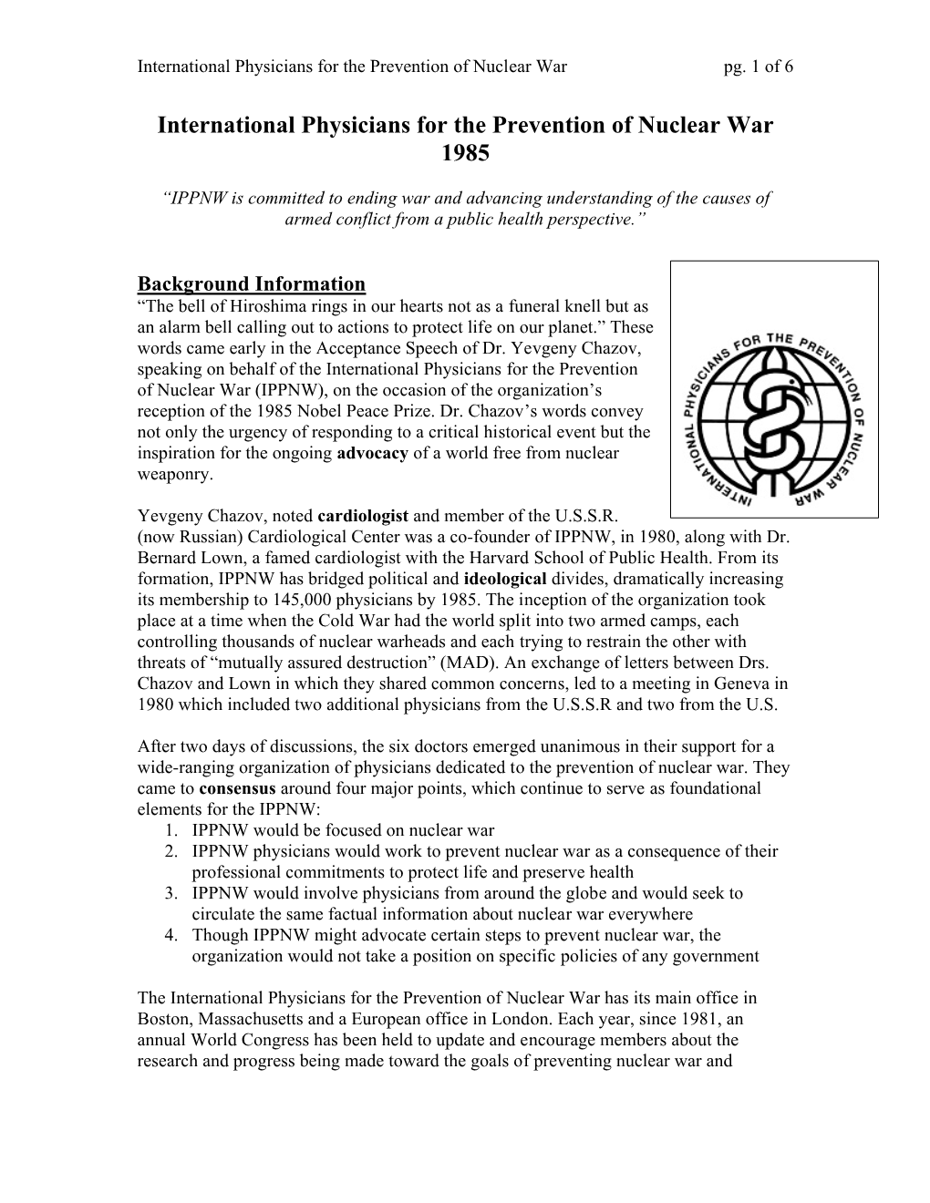 International Physicians for the Prevention of Nuclear War Pg