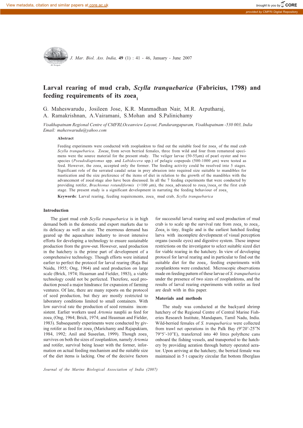 Larval Rearing of Mud Crab, Scylla Tranquebarica (Fabricius, 1798) And