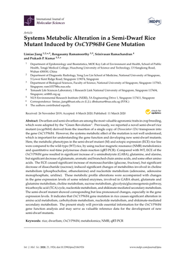 Systems Metabolic Alteration in a Semi-Dwarf Rice Mutant Induced by Oscyp96b4 Gene Mutation
