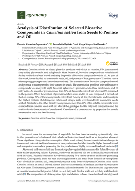 Analysis of Distribution of Selected Bioactive Compounds in Camelina Sativa from Seeds to Pomace and Oil