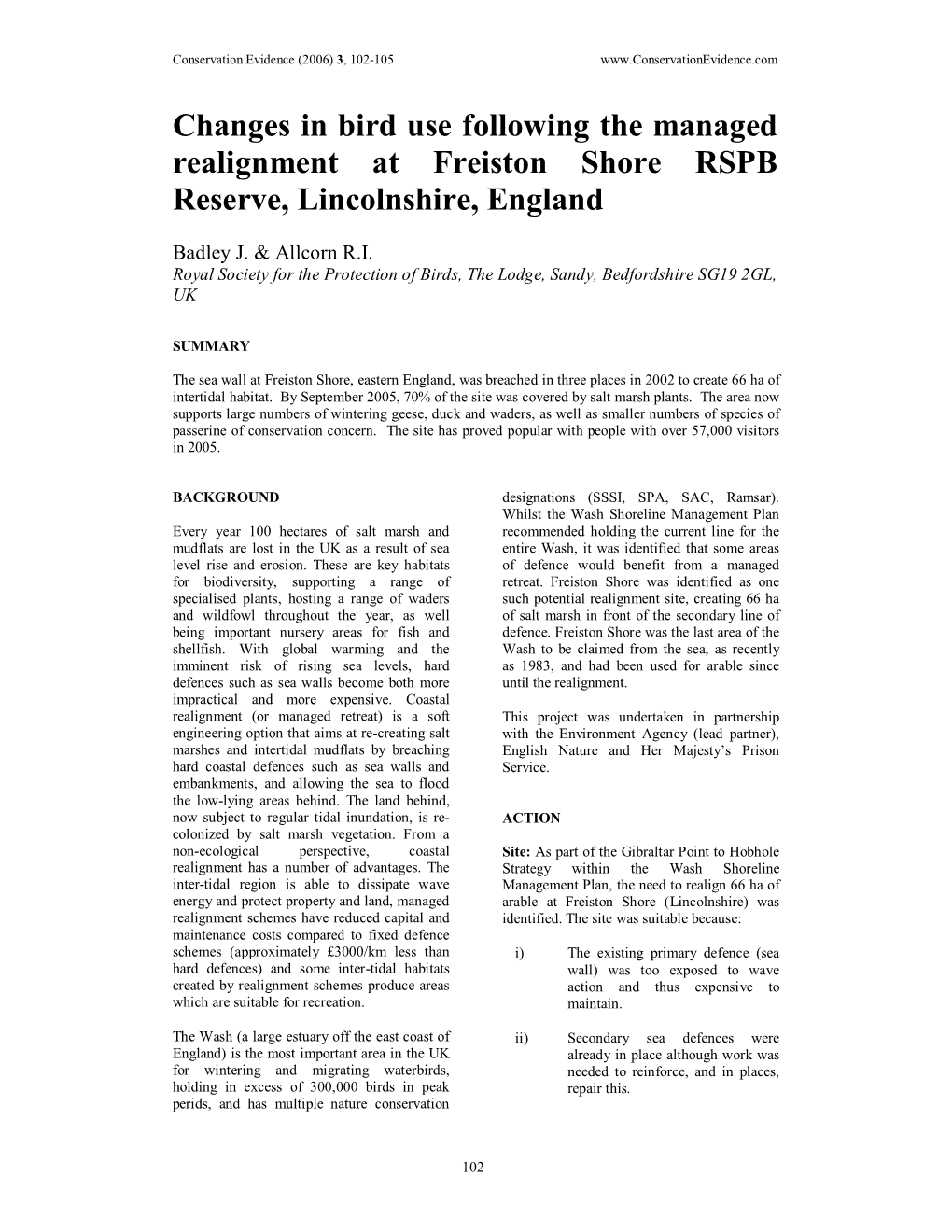 Changes in Bird Use Following the Managed Realignment at Freiston Shore RSPB Reserve, Lincolnshire, England