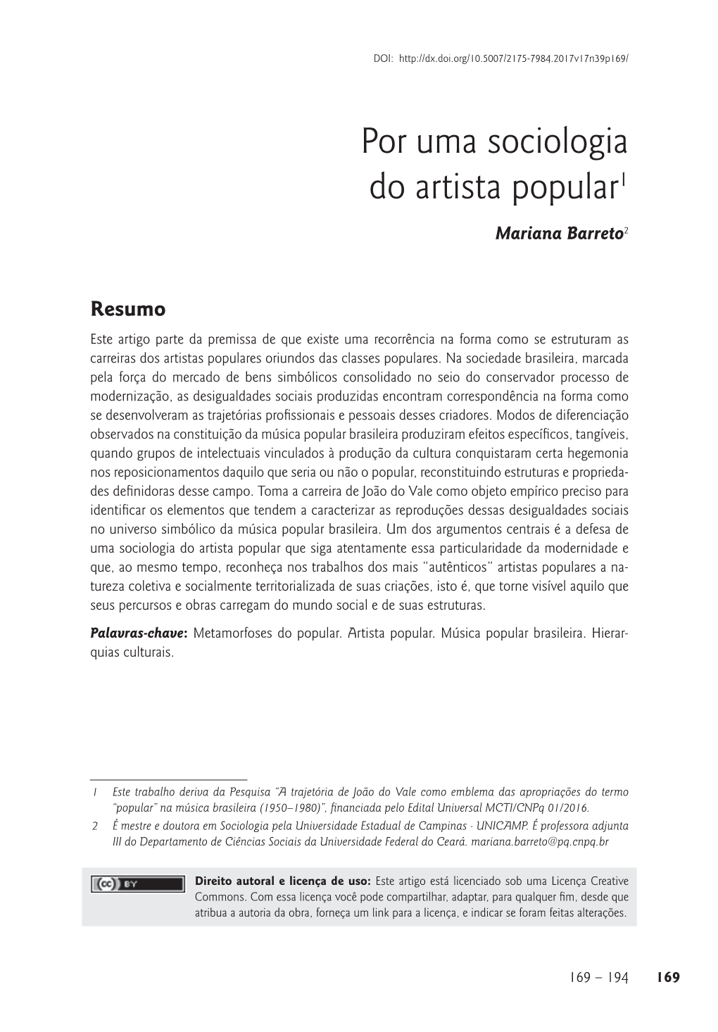 Por Uma Sociologia Do Artista Popular1