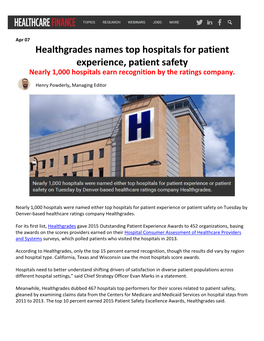 Nearly 1,000 Hospitals Earn Recognition by the Ratings Company