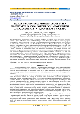 Human Trafficking: Perceptions of Child Trafficking in Awka South Local Government Area, Anambra State, South East, Nigeria
