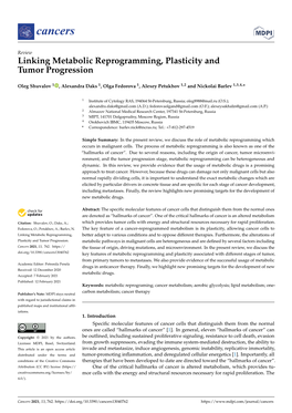 Linking Metabolic Reprogramming, Plasticity and Tumor Progression