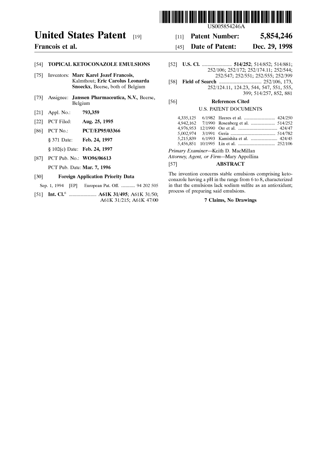 United States Patent (19) 11 Patent Number: 5,854,246 Francois Et Al