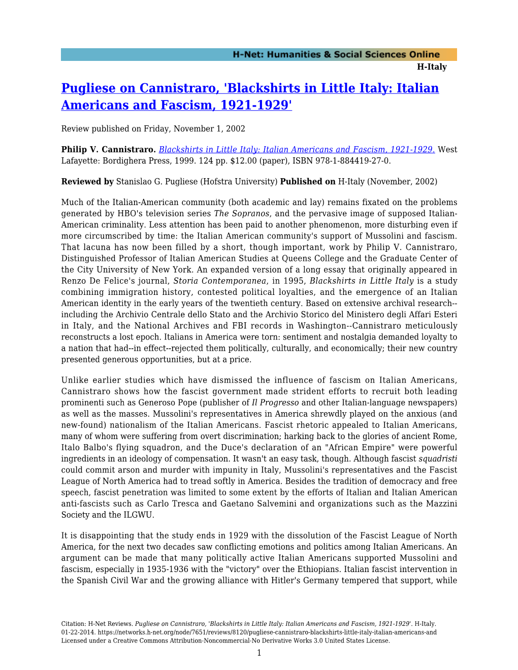 Blackshirts in Little Italy: Italian Americans and Fascism, 1921-1929'