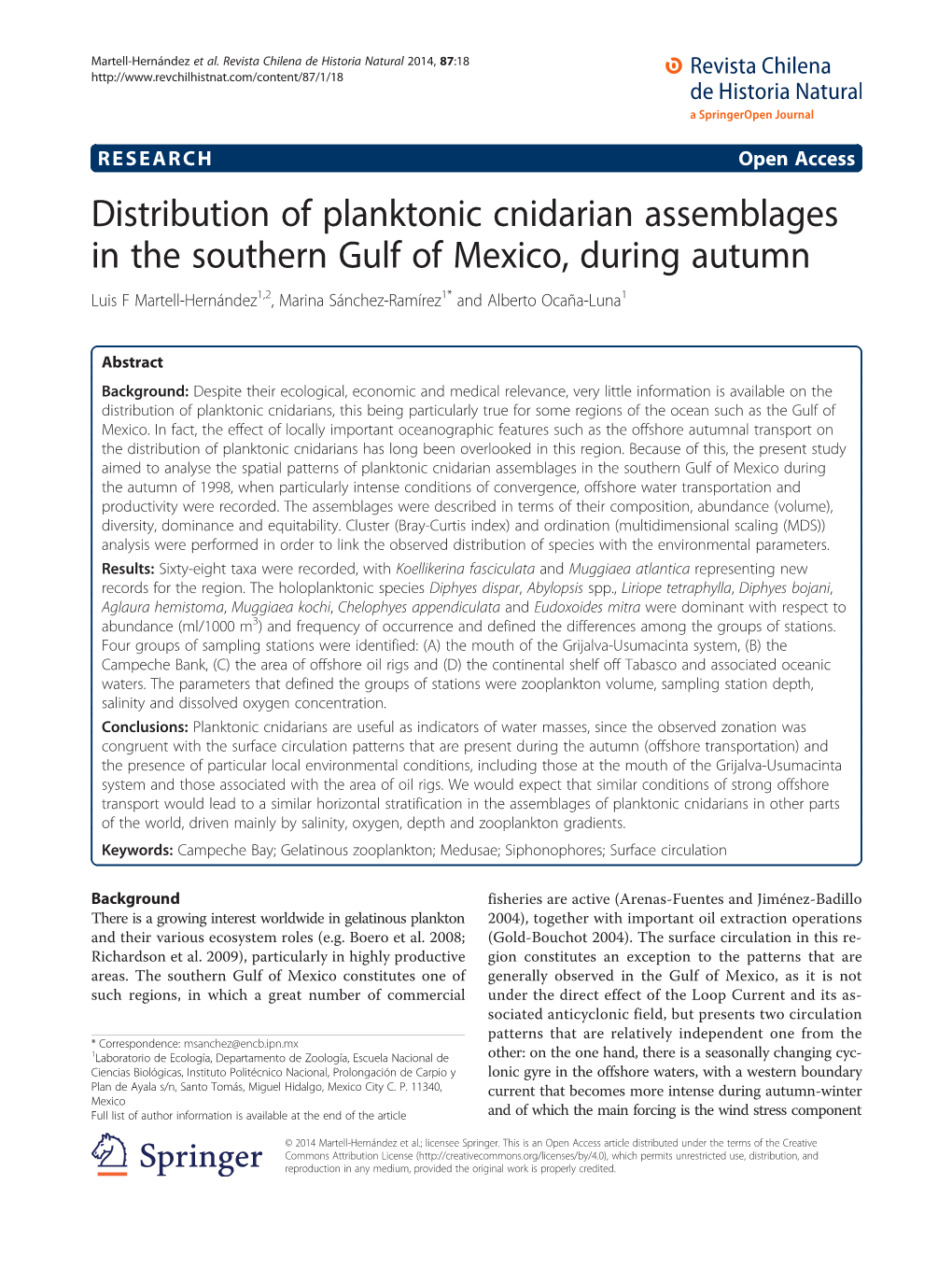 Distribution of Planktonic Cnidarian Assemblages in the Southern Gulf of Mexico, During Autumn