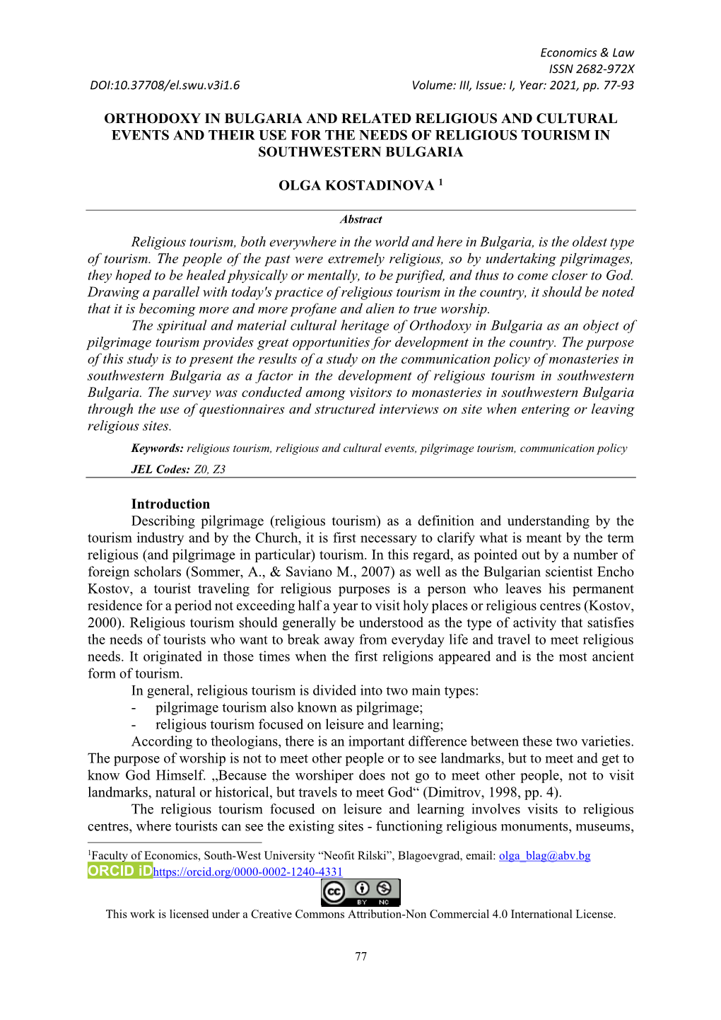 Orthodoxy in Bulgaria and Related Religious and Cultural Events and Their Use for the Needs of Religious Tourism in Southwestern Bulgaria