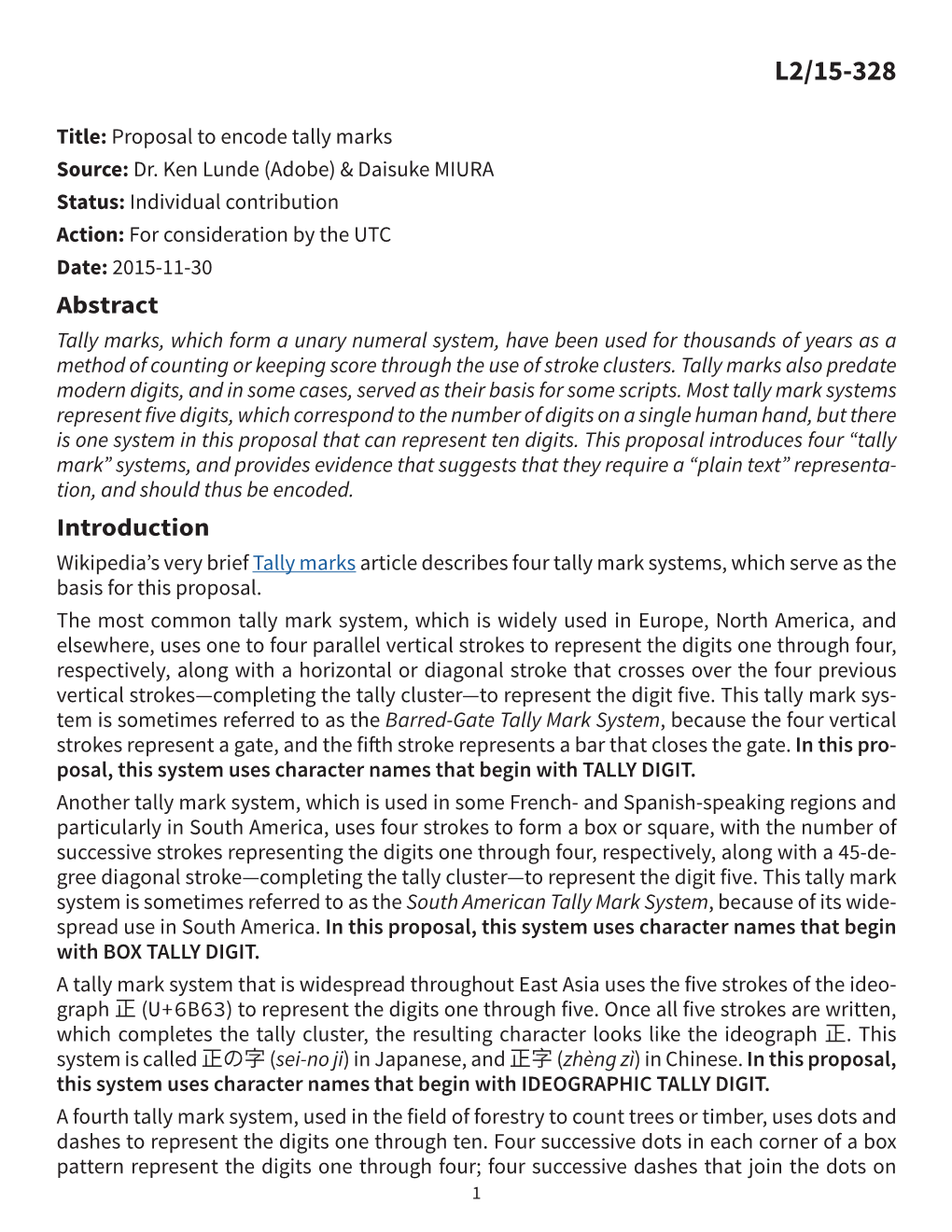 Proposal to Encode Tally Marks Source: Dr