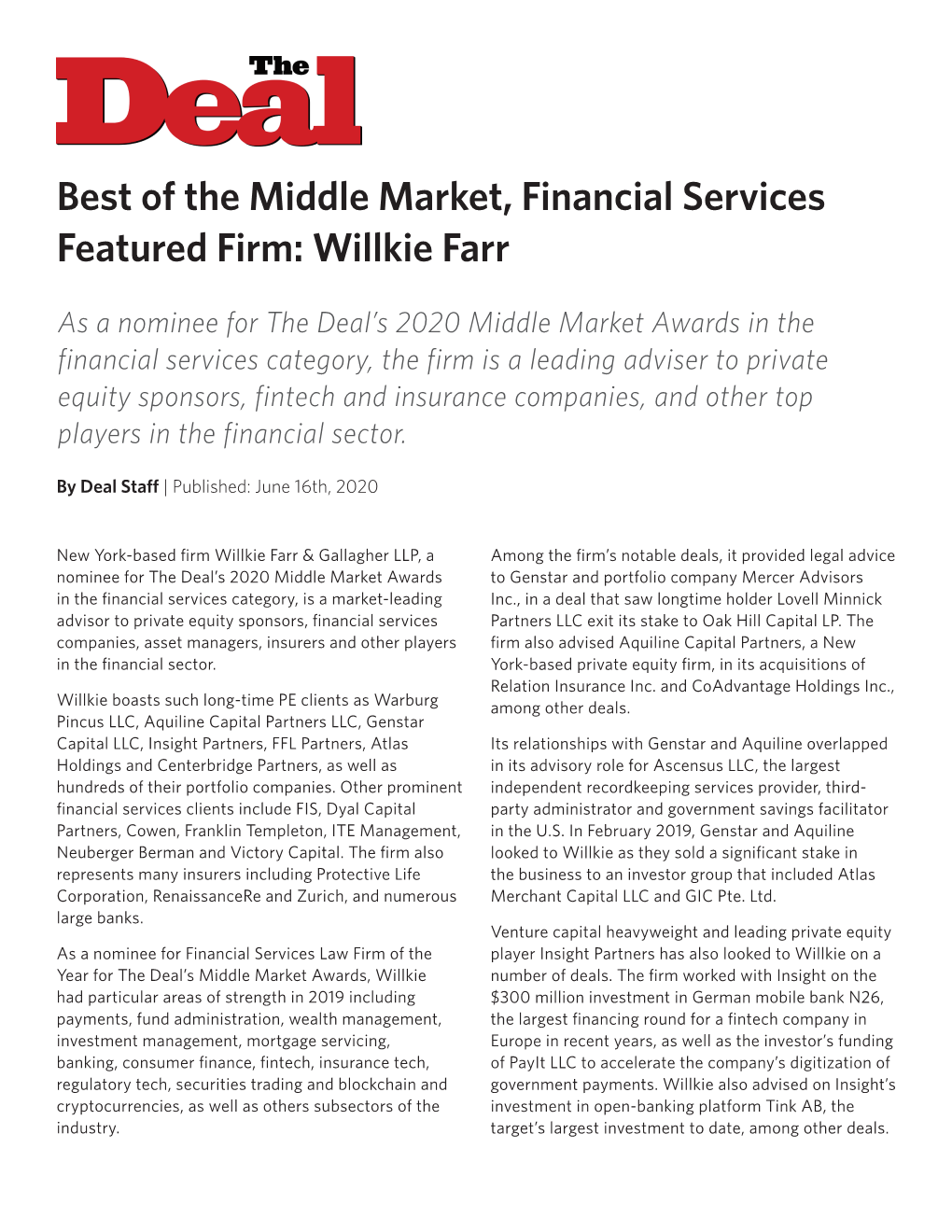 Best of the Middle Market, Financial Services Featured Firm: Willkie Farr