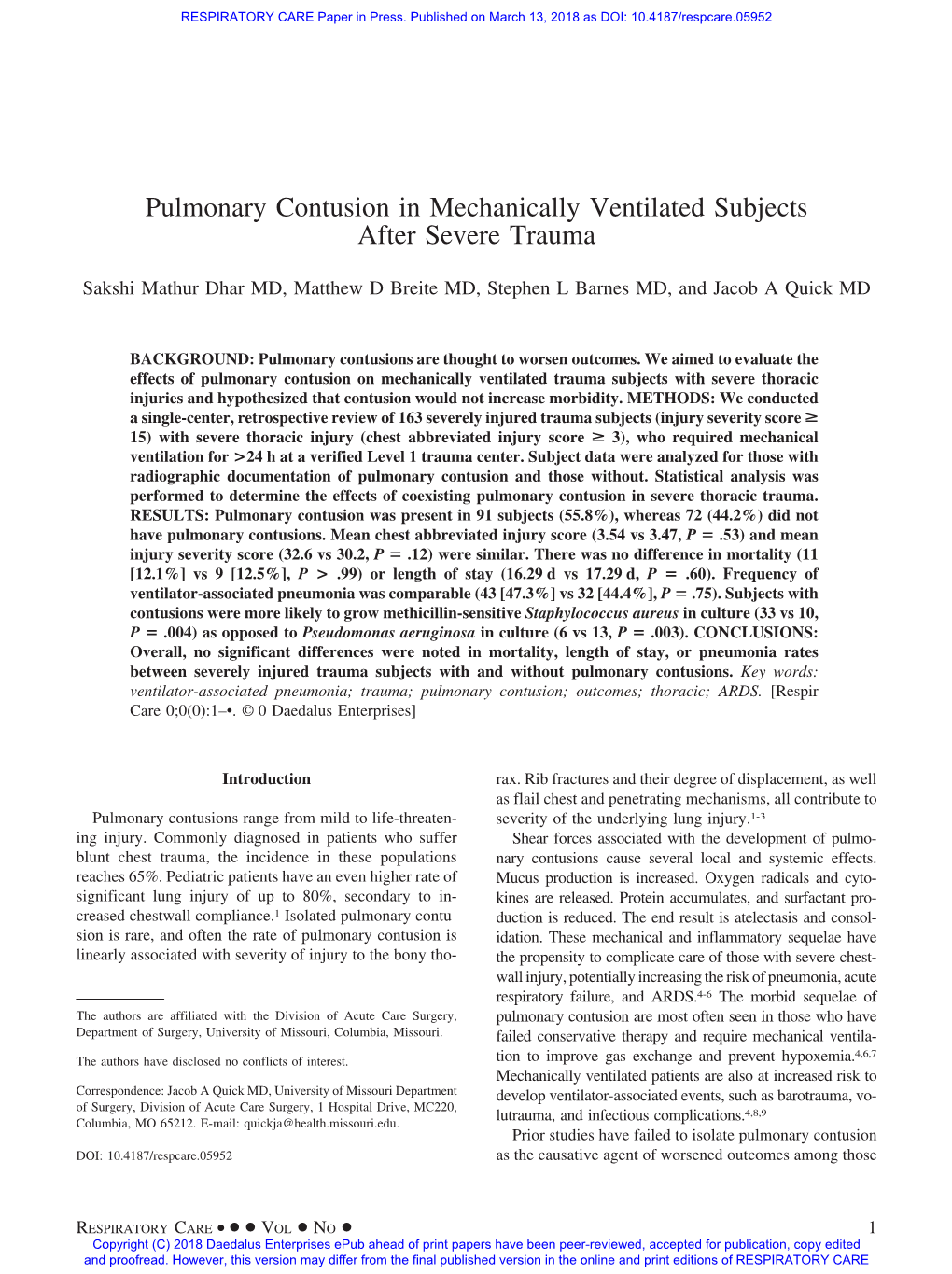 Pulmonary Contusion in Mechanically Ventilated Subjects After Severe Trauma