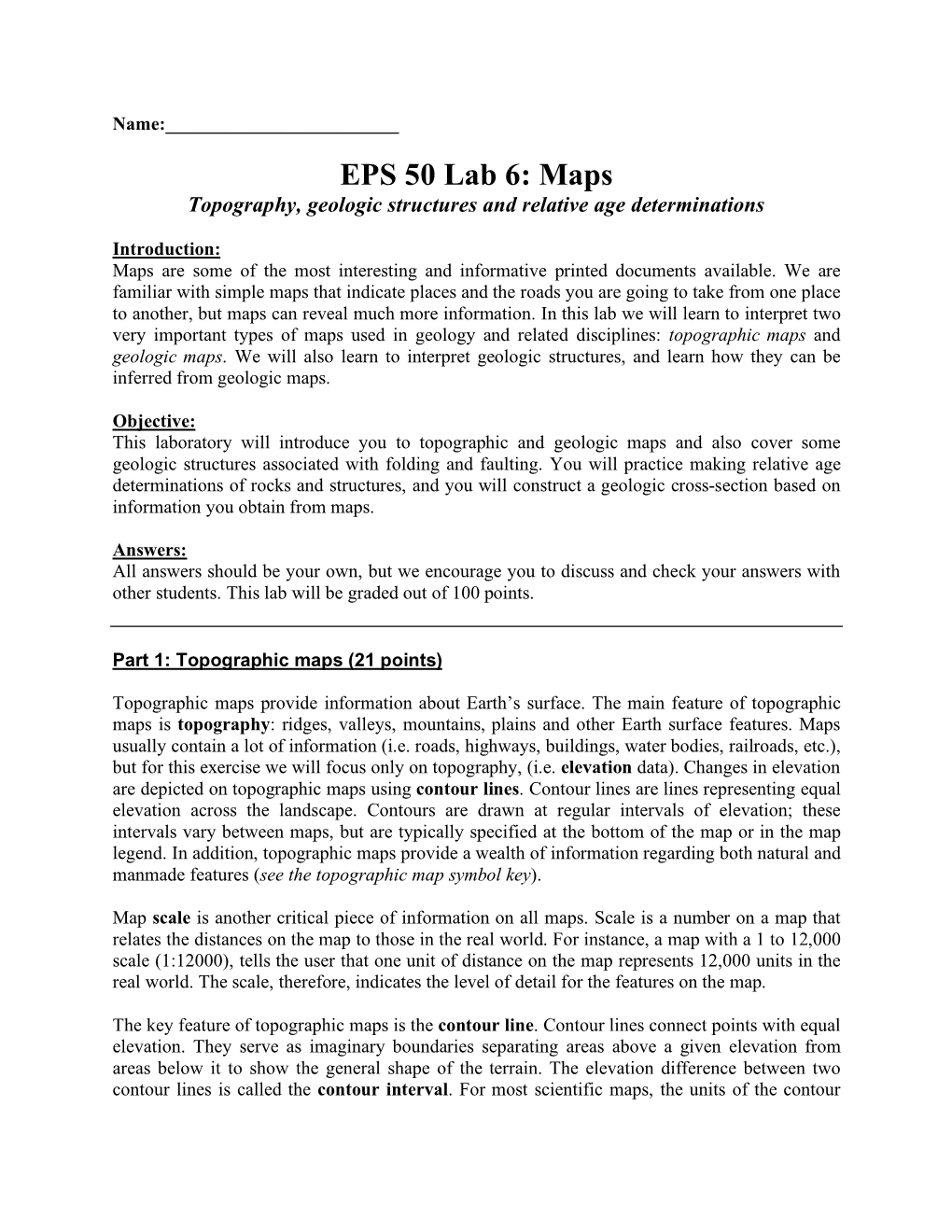 EPS 50 Lab 6: Maps Topography, Geologic Structures and Relative Age Determinations