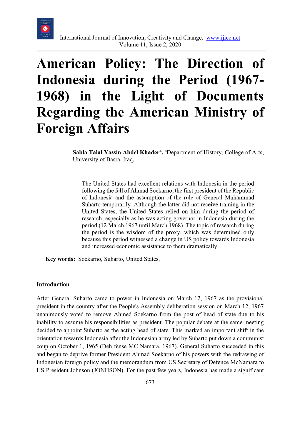 The Direction of Indonesia During the Period (1967- 1968) in the Light of Documents Regarding the American Ministry of Foreign Affairs