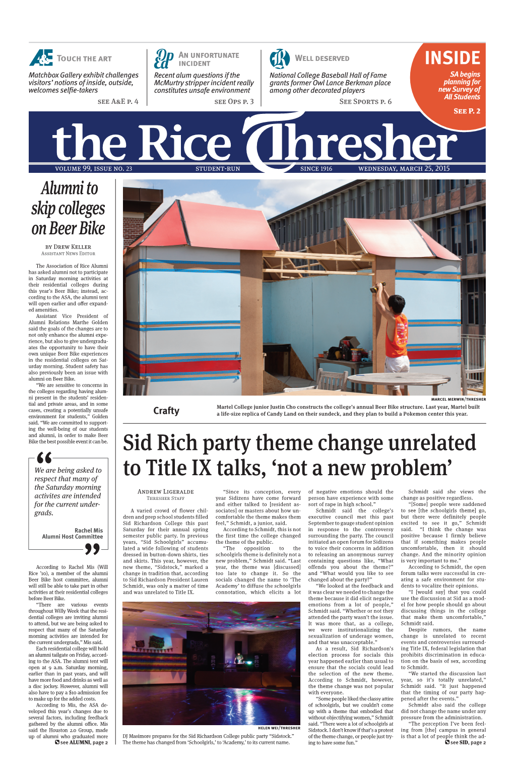 The Rice Thresher, Vol. 99, No. 23, Ed. 1 Wednesday, March 25, 2015